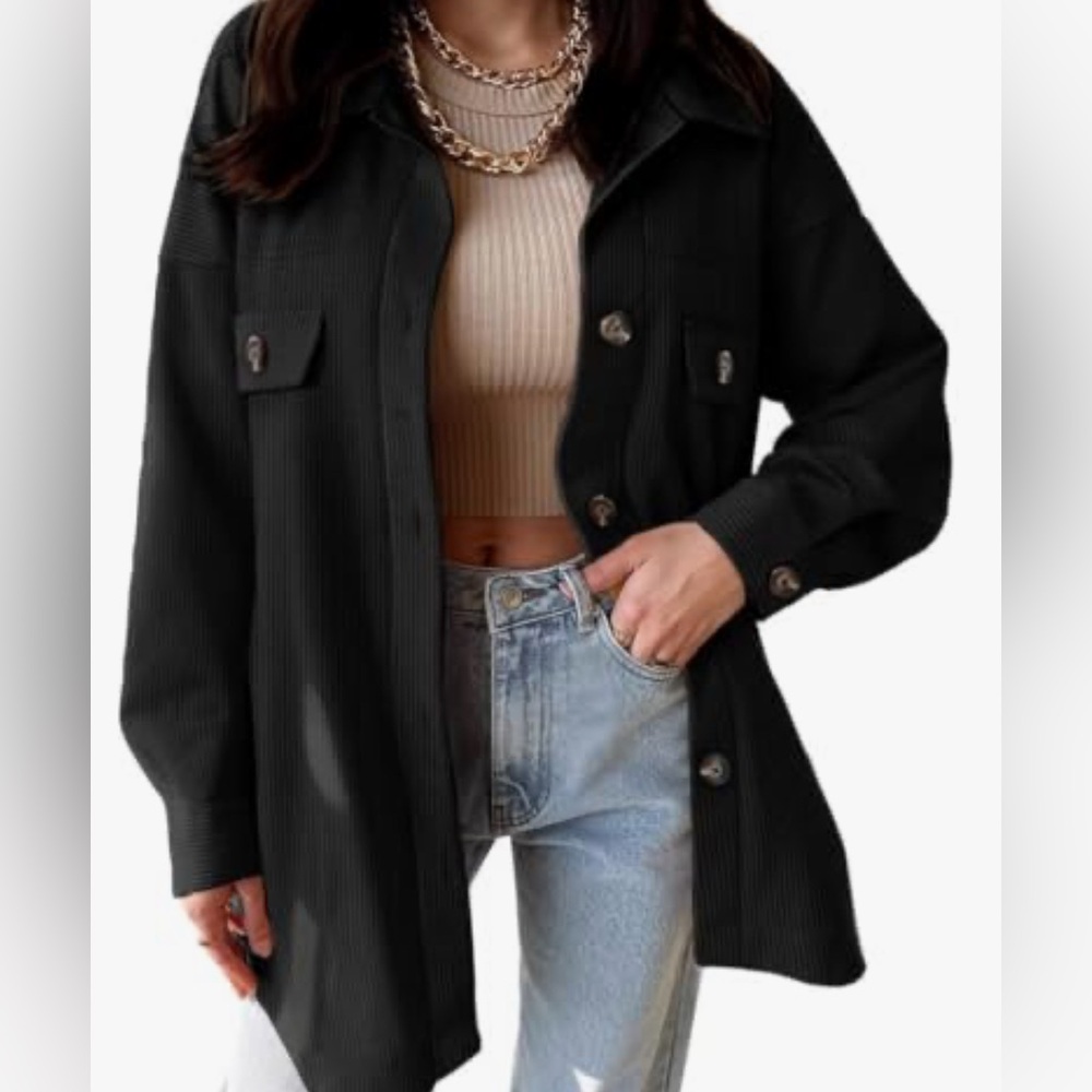 Oversized Corduroy Button Down Shirt Jacket | Black | Size Small